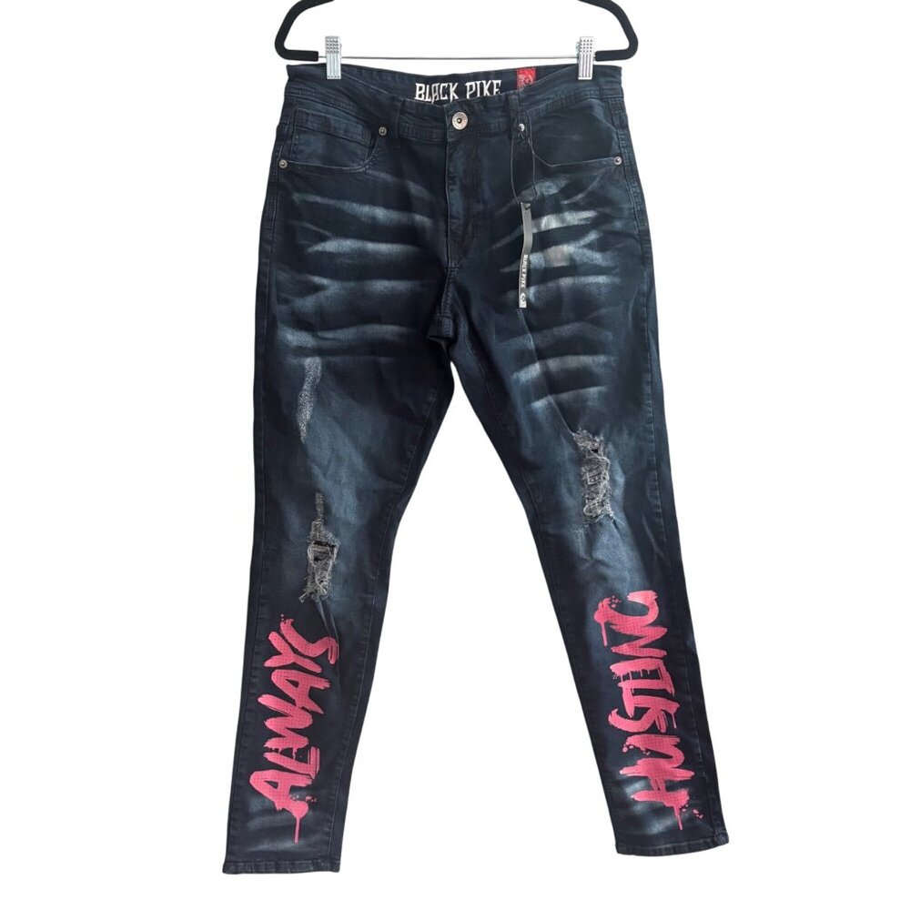 Black Pike Mens Edgy Slim Fit Distressed Jeans 34x32 Always Hustling Streetwear